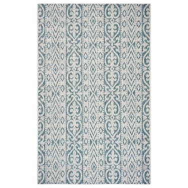 Evara Damask Power-Loomed Indoor/Outdoor Area Rug In Blue and Gray