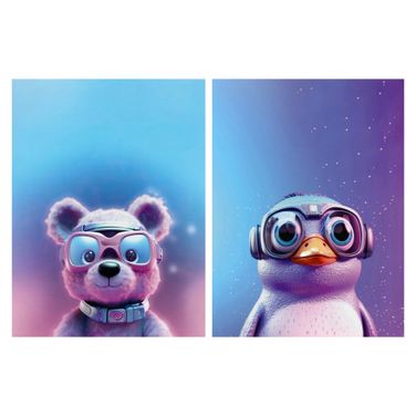 Expressive Space Explorers Bear and Penguin Duo Canvas Wall Art Set of 2 In Multi
