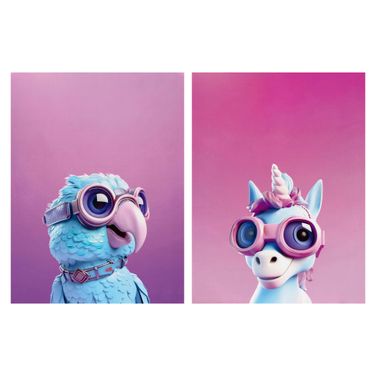 Expressive Spectacle Buddies Parrot and Unicorn Pop Duo Canvas Wall Art Set of 2 In Multi