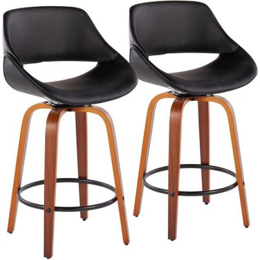 Fabrico Fixed-Height Counter Stool Set of 2 in Walnut Wood with Round Black Footrest and Black Faux Leather
