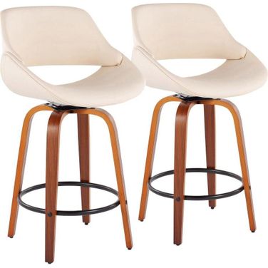 Fabrico Fixed-Height Counter Stool Set of 2 in Walnut Wood with Round Black Footrest and Cream Faux Leather
