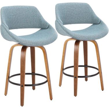 Fabrico Mid-Century Modern Counter Stool In Walnut And Blue Noise Fabric - Set Of 2