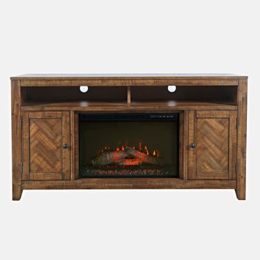 Fairview 60 Inch Chevron Fireplace Storage Console TV Stand with Electric Fireplace In Oak Brown