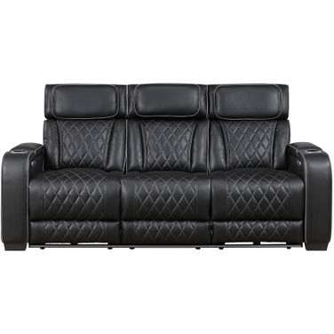 Fairway Power Double Reclining Sofa with Center Drop-Down Cup Holders and Power Headrests In Black