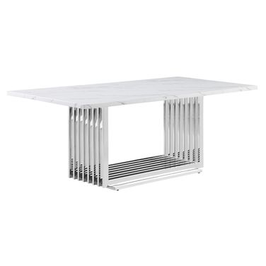 Farai 79 Inch Dining Table In White Marble and Stainless Steel Base