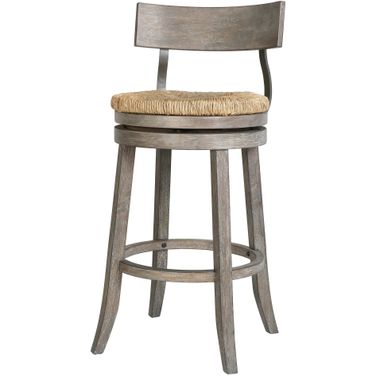 Farmhouse 31 Inch Wood Bar-Height Barstool with Natural Seagrass Seat In Reclaimed Gray