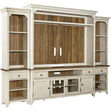 Farmhouse Reimagined Entertainment Center with Piers In Antique White