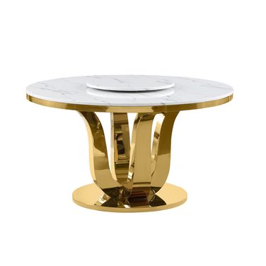 Farrah Round Inch Dining Table In White Marble and Lazy Susan