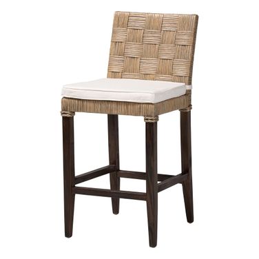 Fatima Handwoven Rattan Counter Stool with Cushion In Grey Taupe and Black