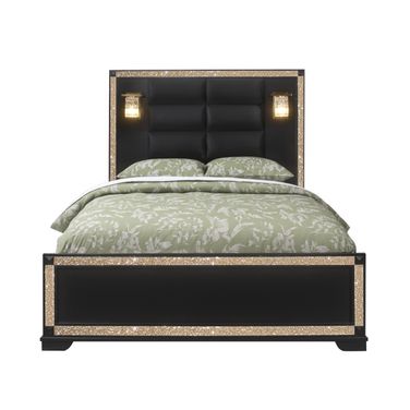 Faux Crystal Bling Wood and Upholstery Lighted Queen Bed Frame In Black