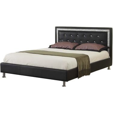 Faux Leather Queen Platform Bed With Crystal Tufted Buttons In Black