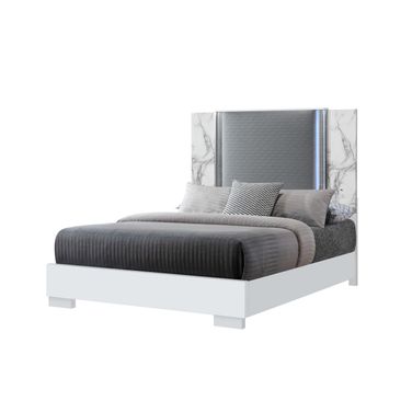 Faux Marble and Upholstery Lighted Queen Bed Frame In White and Gray