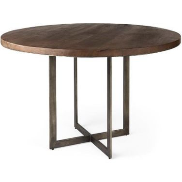 Faye I Medium Brown Wood With Antique Nickel Metal Base Round Dining Table