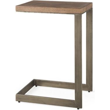 Faye Medium Brown Wood With Antique Nickel Finished Metal Base Side Table