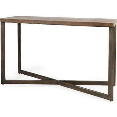 Faye Medium Brown Wood With Antique Nickel Metal Base Console Table