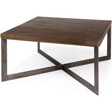 Faye Medium Brown Wood With Antique Nickel Metal Base Square Coffee Table