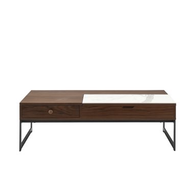 Faye Rectangular Lift-Top Coffee Table with Sintered Stone Panel and Metal Base In Walnut and Black