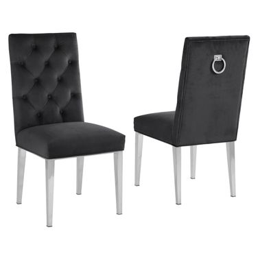 Fed Tufted Side Chairs Set of 2 In Black Velvet and Silver Chrome Legs