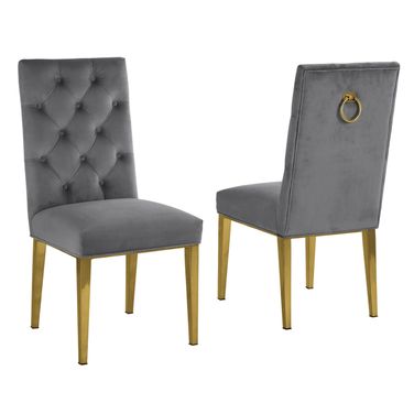 Fed Tufted Side Chairs Set of 2 In Dark Gray Velvet and Gold Chrome Legs