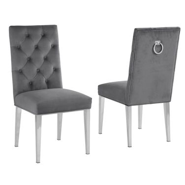 Fed Tufted Side Chairs Set of 2 In Dark Gray Velvet and Silver Chrome Legs