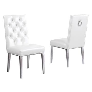 Fed Tufted Side Chairs Set of 2 In White Faux Leather and Silver Chrome Legs
