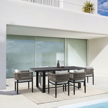 Felicia Outdoor Patio 7-Piece Dining Table Set In Aluminum with Gray Rope and Cushions