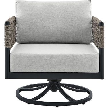 Felicia Outdoor Patio Swivel Rocking Chair In Black Aluminum And Grey Rope With Cushions