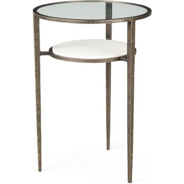 Felicity Glass Top With White Marble Shelf And Antique Gold Base Side Table
