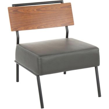 Fiji Contemporary Accent Chair In Grey Faux Leather With Walnut Wood Accent