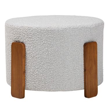 Finlay Boucle Fabric and Wood Ottoman Footstool In Light Grey and Walnut Brown