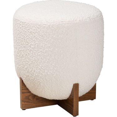 Fisk Boucle Fabric and Wood Ottoman Footstool In Cream and Walnut Brown