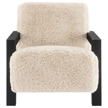 Fitzroy Faux Fur Upholstered Chair Solid Wood Arms In Latte