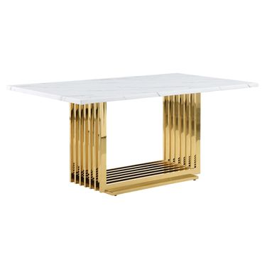 Flann 68 Inch Dining Table In White Marble and Gold Steel Base