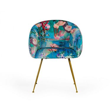Floral Velvet Dining Arm Chair In Blue Green and Gold