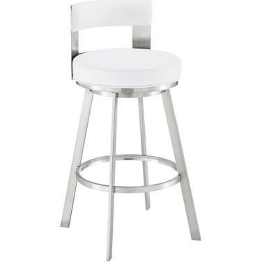 Flynn 26 Inch Swivel Counter Stool In Brushed Stainless Steel with White Faux Leather
