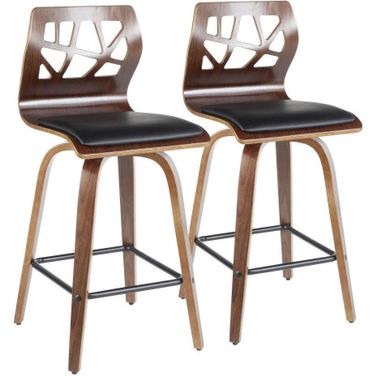 Folia Mid-Century Modern Counter Stool In Walnut Wood And Black Faux Leather - Set Of 2