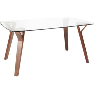 Folia Mid-Century Modern Dining Table In Walnut Wood With Clear Tempered Glass