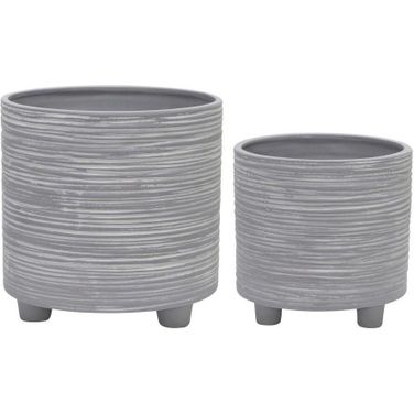 Footed Planter With Lines Set of 2 In Gray