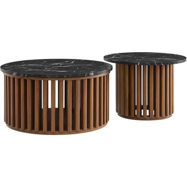 Fortitude Round Faux Marble Top Nesting Coffee Table Set In Walnut Black