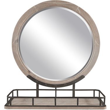 Foundry Round Mirror with Metal Base In Weathered Stone