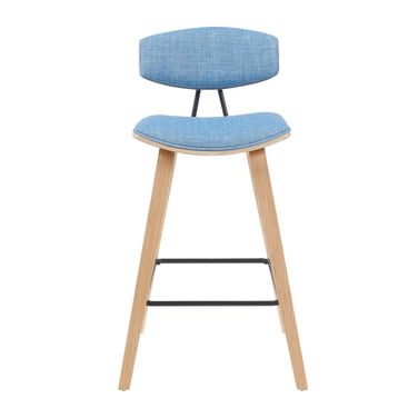 Fox Swivel Bar Height Stool with Upholstered Seat and Wood Frame In Light Blue and Oak