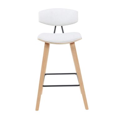 Fox Swivel Bar Height Stool with Upholstered Seat and Wood Frame In White and Oak