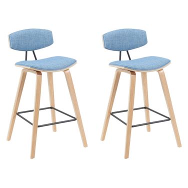 Fox Swivel Counter Height Bar Stool Set of 2 In Light Blue and Patterned Oak