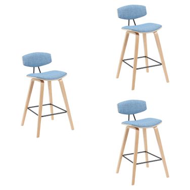 Fox Swivel Counter Height Bar Stool Set of 3 In Light Blue and Patterned Oak