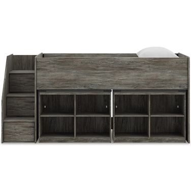 Frandern Twin Loft Bed with Bookcase Storage In Black and Gray