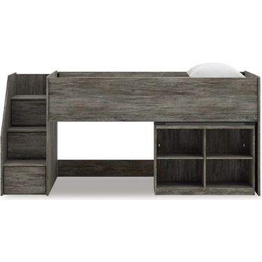 Frandern Twin Loft Bed with Bookcase Storage In Gray