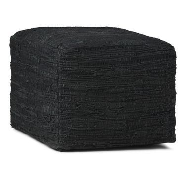 Fredrik Woven Genuine Leather Square Pouf In Black