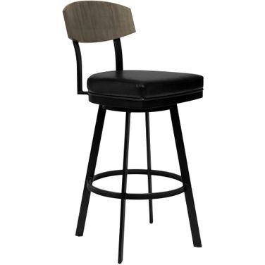 Frisco 26 Inch Counter Height Barstool In Matte Black Finish with Black Faux Leather and Gray Walnut