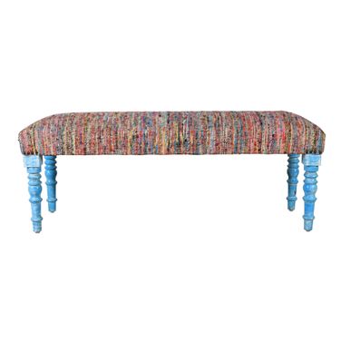 Frosta Multi Striped Acacia Wood Indoor Bench In Blue