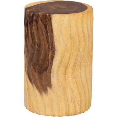 Fuchsia Hand-Carved Suar Wood Round Side Table In Natural Brown